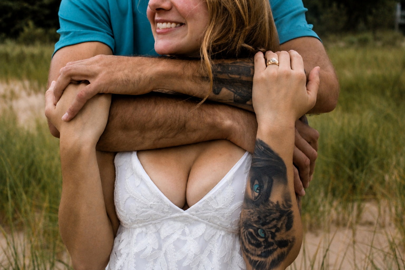Close portrait of a couple embracing outdoors
